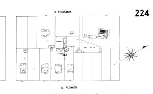 Figure 3: A Sanborn Map from 1900 shows the Casa Figueroa alone on a plot of land at the southeast corner of Figueroa and Jefferson. A hen house and corral are located next door. The house is described as “partly adobe”