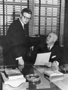 Figure 1: Los Angeles City Councilman John Holland (seated) in 1967 with aide Art Snyder who would later succeed him as the representative of the city’s 14th district.  Source: Los Angeles Public Library, Shades of L.A Photo Collection, 00002471